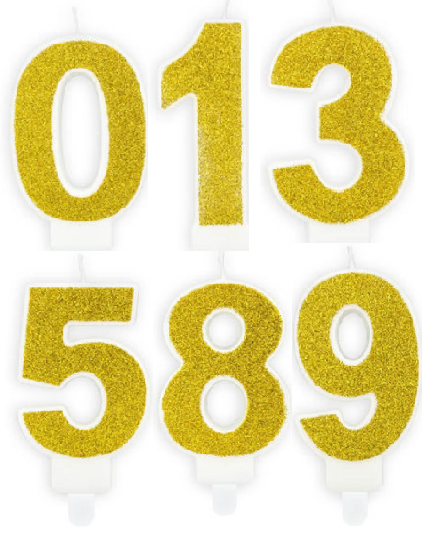 Sviečka 0-9 zlatá trblietavá